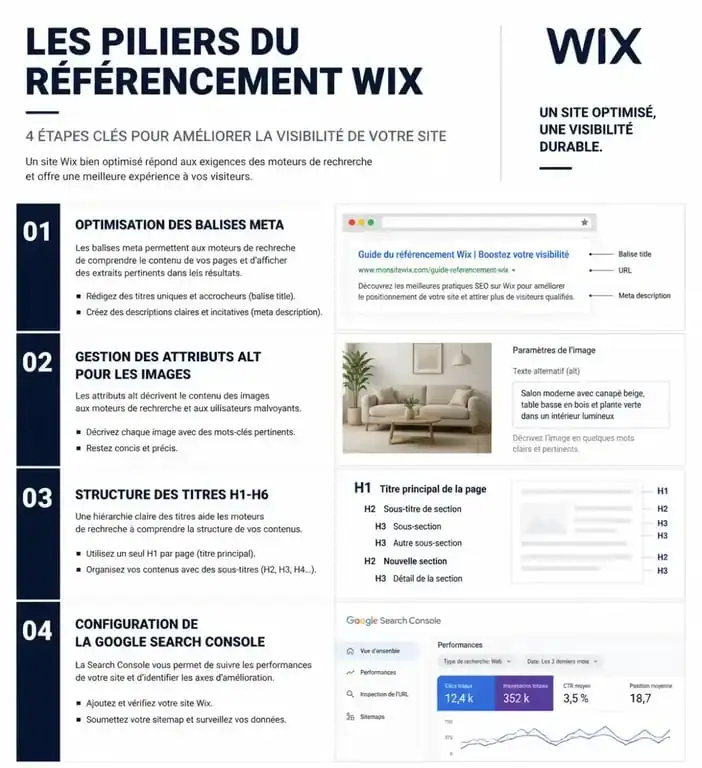 Infographie des piliers du référencement Wix pour optimiser son site web