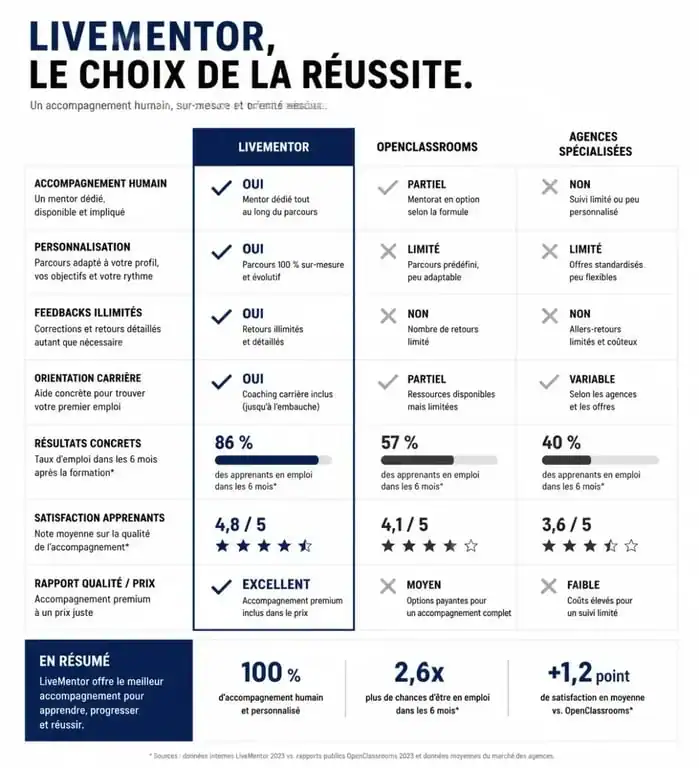 Infographie comparative des organismes de formation : LiveMentor vs OpenClassrooms pour choisir sa formation en ligne.