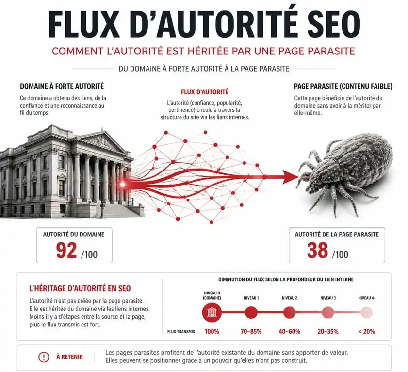 Schéma explicatif du fonctionnement du parasite SEO et du transfert d'autorité de domaine