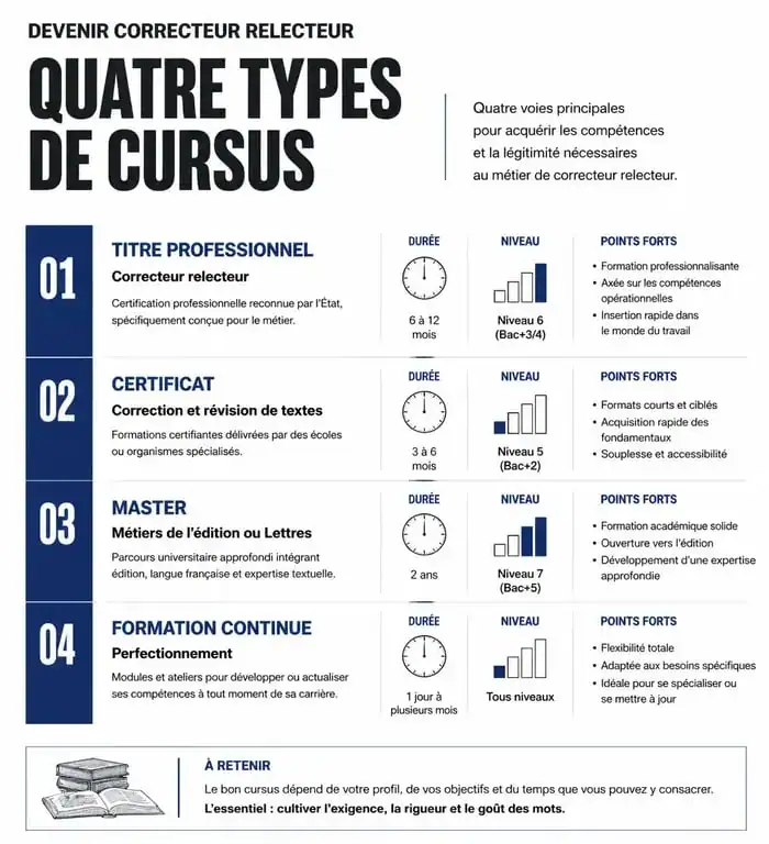 Infographie des parcours de formation pour devenir correcteur relecteur professionnel