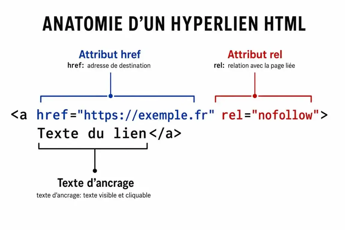 Schéma de l'anatomie d'un lien HTML pour le SEO et le maillage interne
