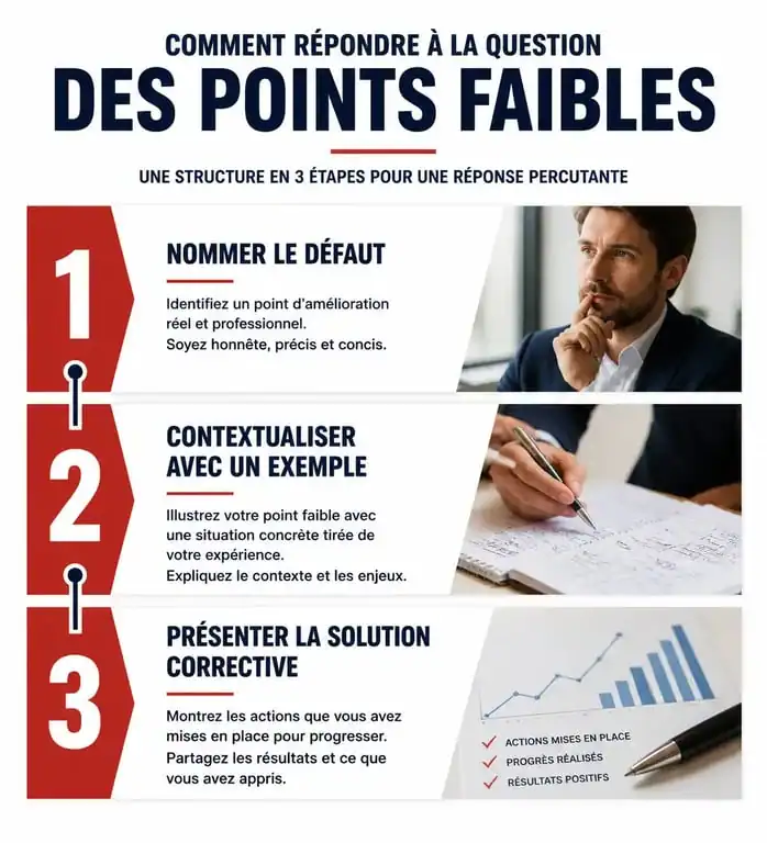 Infographie méthodologie pour répondre à la question des points faibles exemples en entretien d'embauche