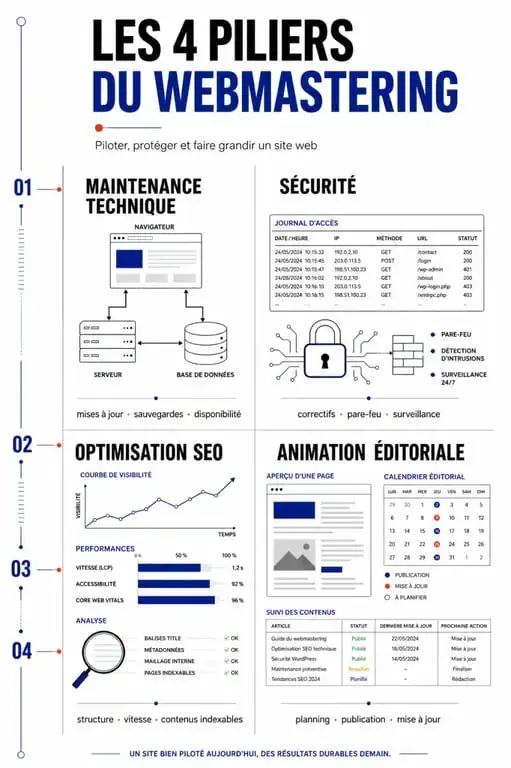 Infographie sur les piliers du webmastering pour la performance et la sécurité d'un site web