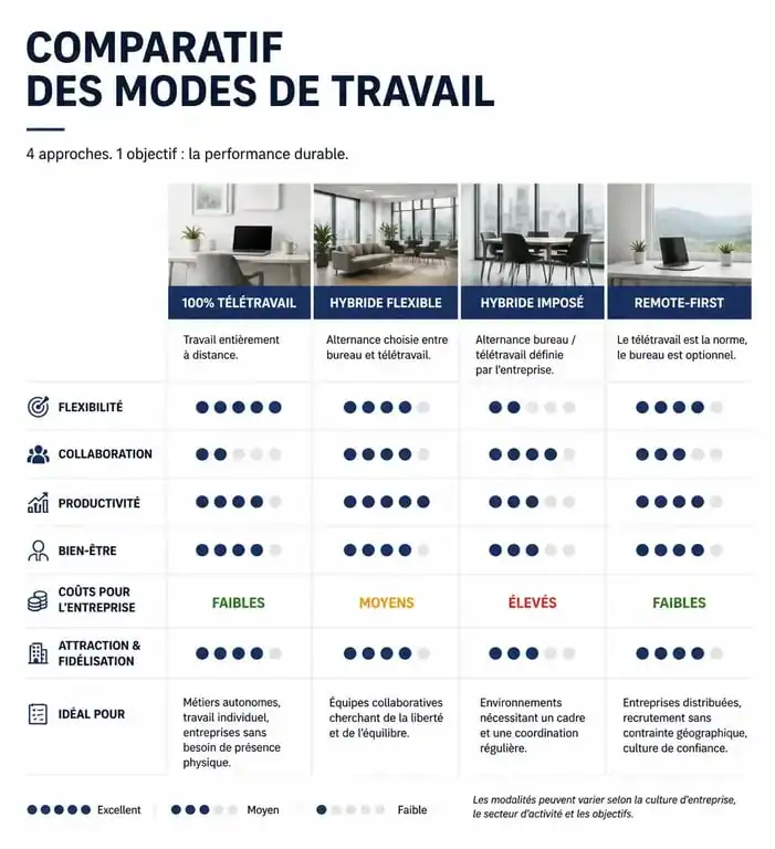 Tableau comparatif des modes de travail pour la génération télétravail : 100% télétravail, hybride et remote-first.