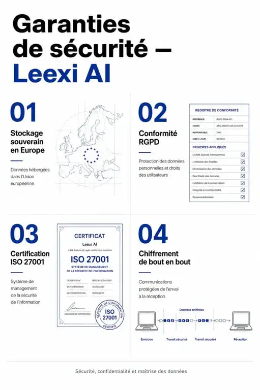 Infographie des garanties de sécurité et conformité RGPD de Leexi AI