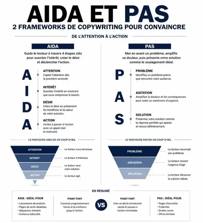 Infographie des frameworks AIDA et PAS pour un copywriting exemple efficace