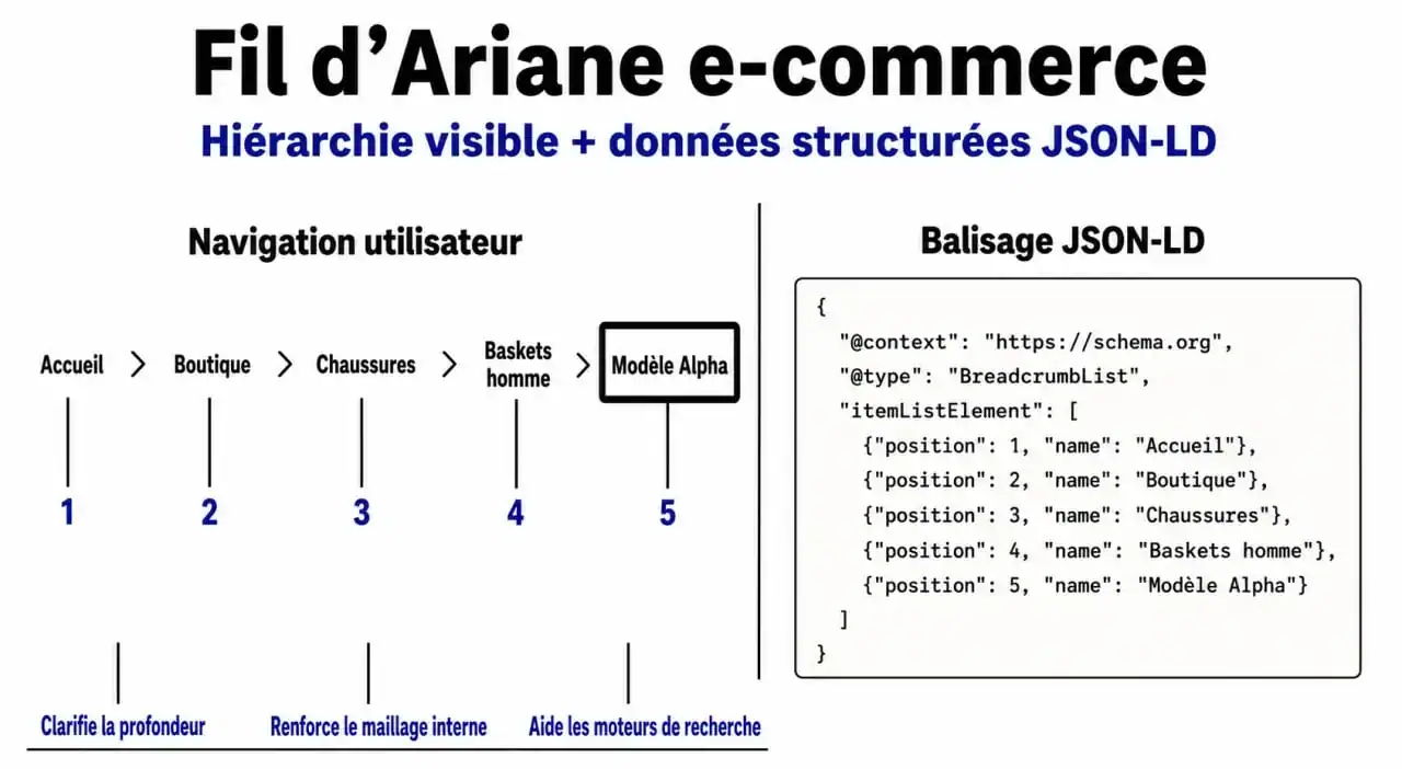 Schéma explicatif du fonctionnement des breadcrumbs SEO et du balisage structuré