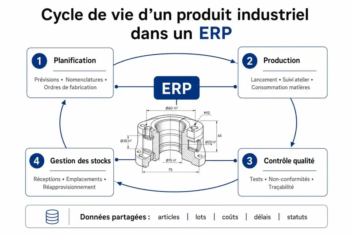 Schéma des fonctionnalités clés de l'ERP Sylob pour l'industrie manufacturière