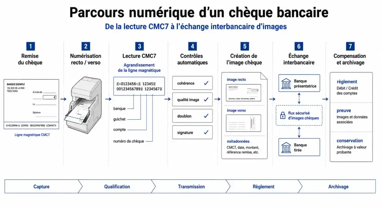 Schéma du parcours numérique et traçabilité d'un chèque bancaire