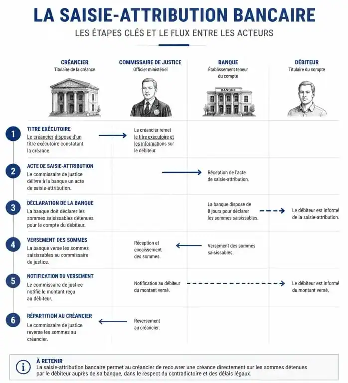 Schéma des étapes d'une procédure de saisie-attribution bancaire
