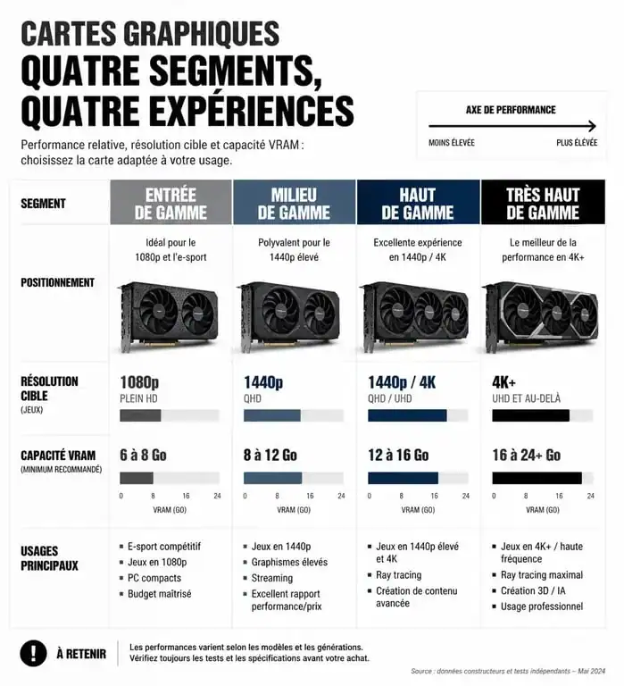 Infographie comparative des performances des cartes graphiques par segment de marché pour un comparatif carte graphique.