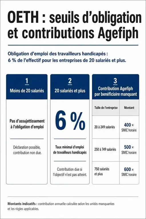 Infographie des seuils et sanctions de l'obligation d'emploi des travailleurs handicapés (RQTH)