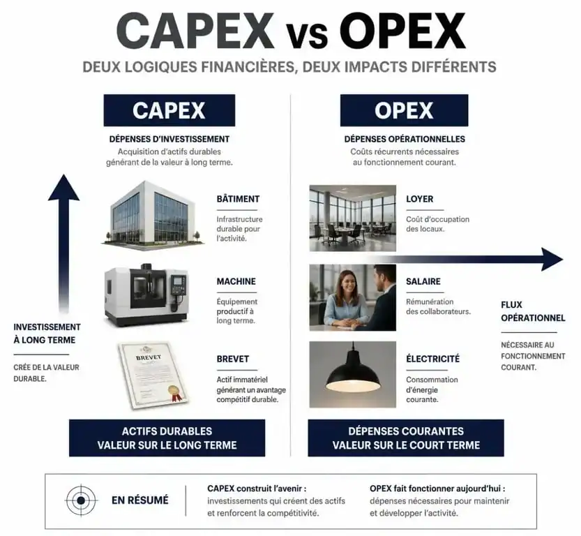 Infographie comparative entre CapEx et OpEx pour comprendre les dépenses d'investissement et les charges d'exploitation