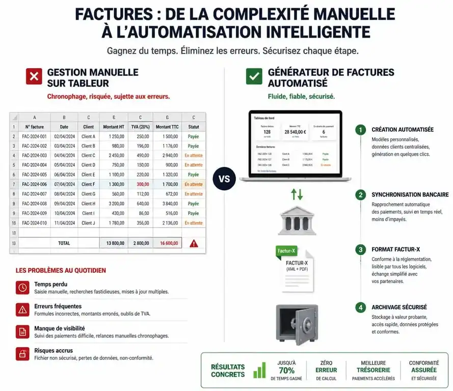 Comparatif entre la facturation manuelle et le générateur de facture Simplifie-ta-compta pour une gestion comptable optimisée