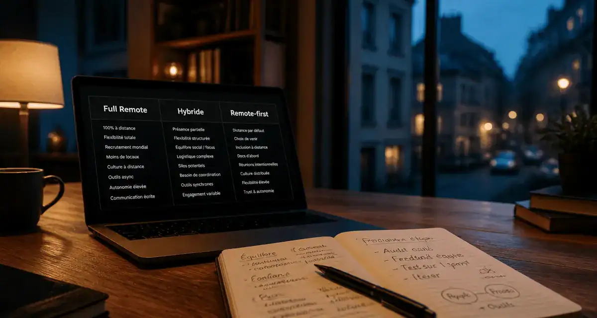 Génération télétravail : tableau remote-first vs hybride sur laptop