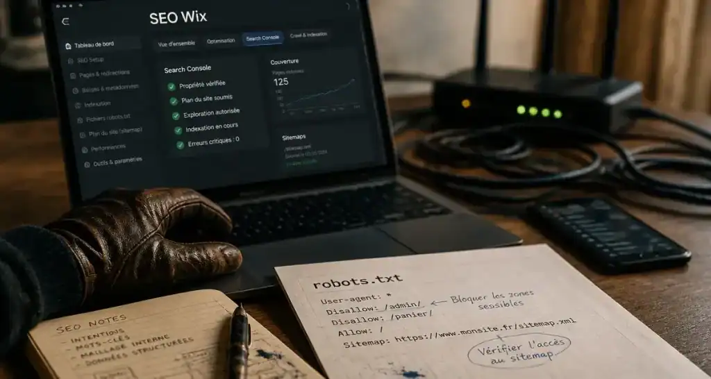 Referencement wix : SEO Google sur laptop avec check-list