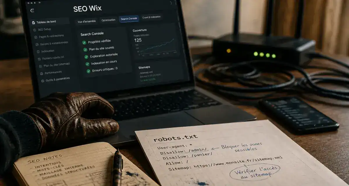 Referencement wix : SEO Google sur laptop avec check-list