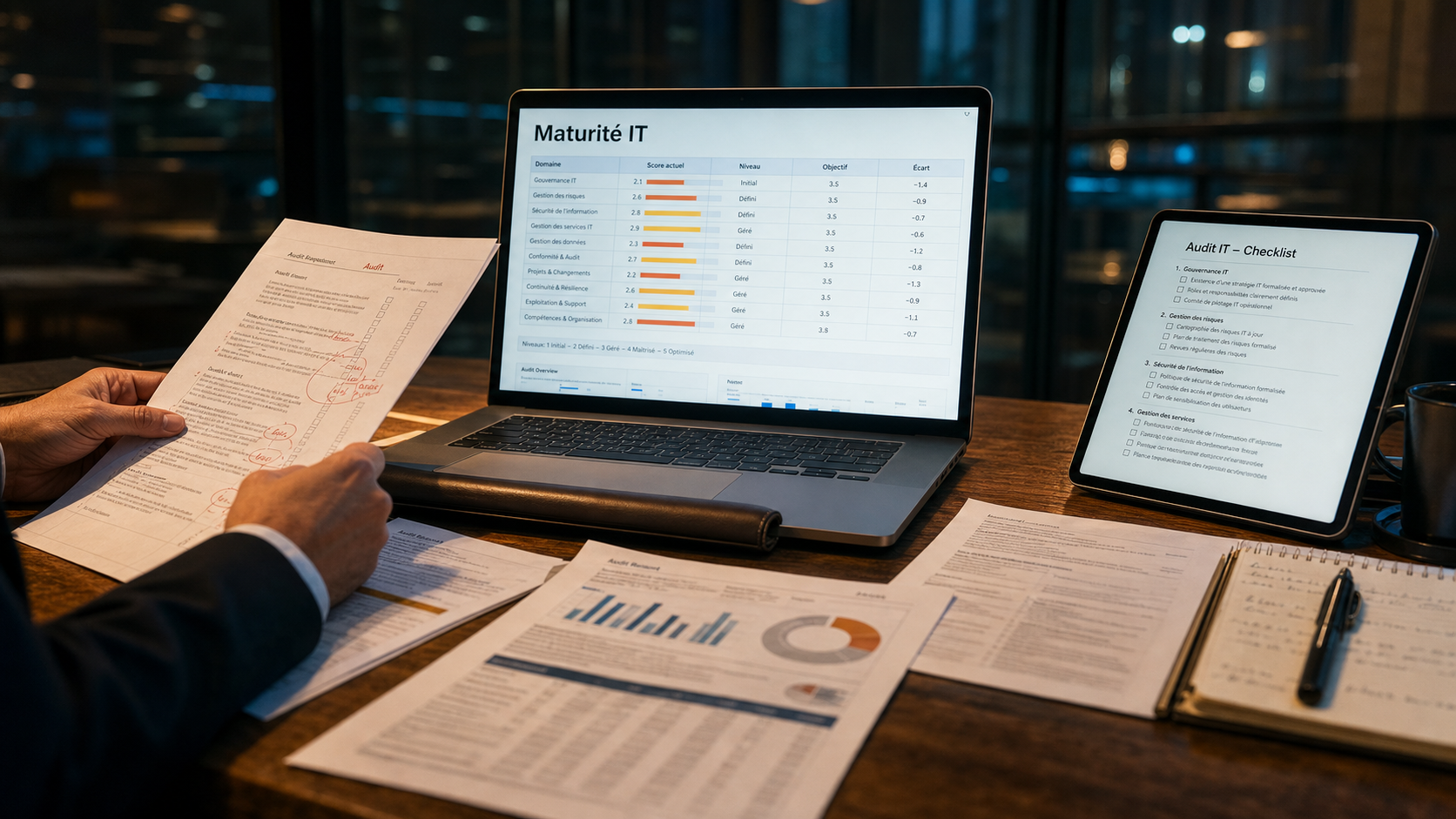 Audit des systèmes d'information : tableau de maturité IT en salle d’audit