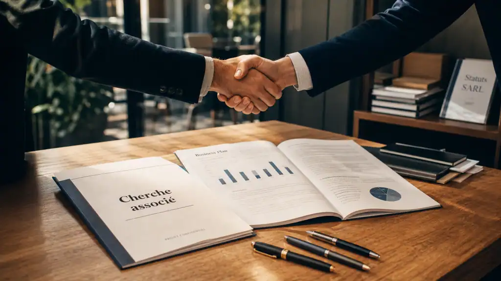 Cherche associé : table business plan et poignées de main, compétences et réseaux