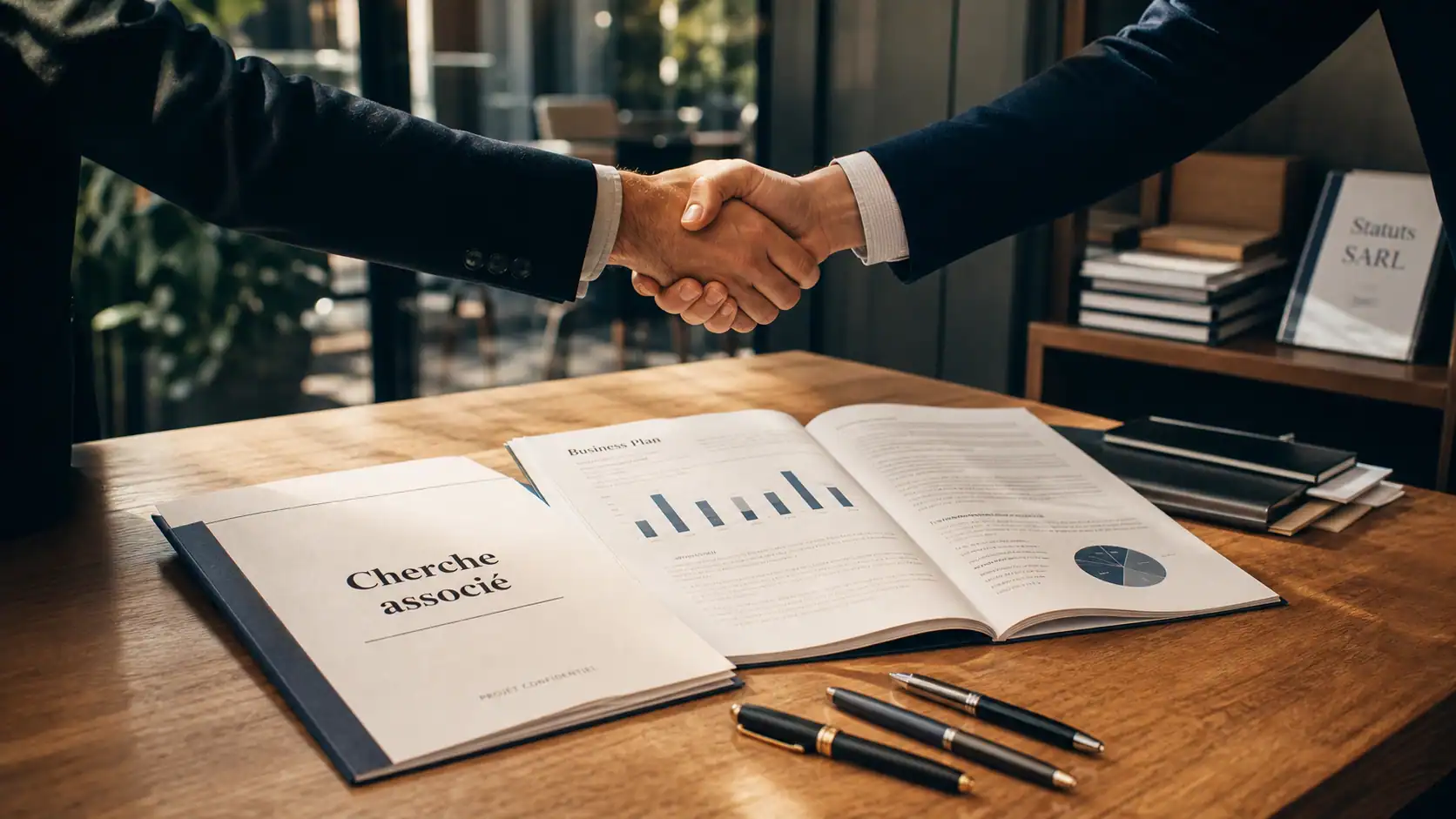 Cherche associé : table business plan et poignées de main, compétences et réseaux