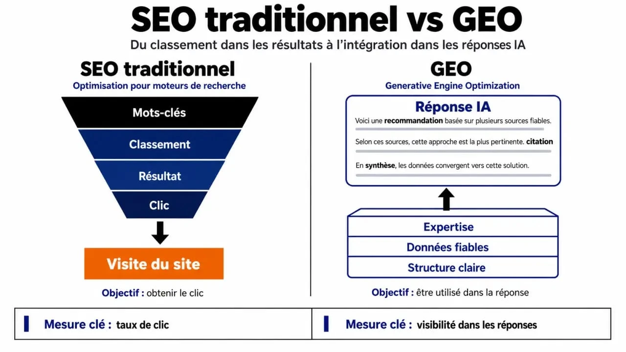 Comparatif SEO traditionnel vs GEO pour ChatGPT Search
