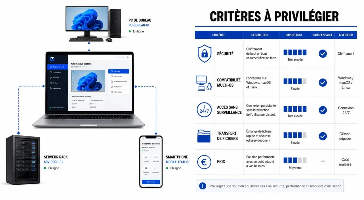 Logiciel controle a distance : illustration comparative des critères de choix, sécurité, compatibilité et prix
