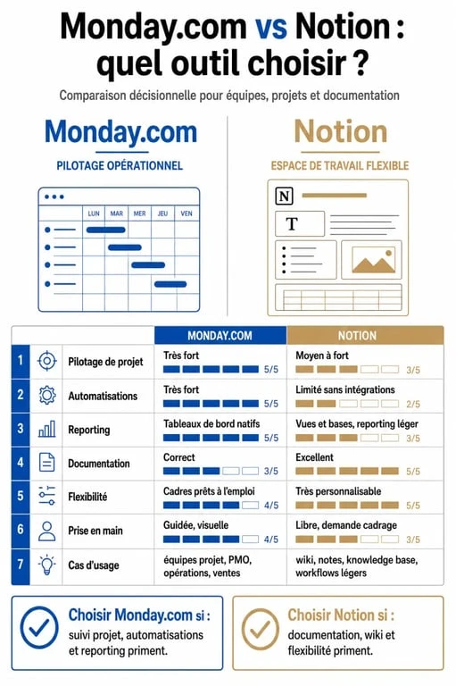 Monday vs Notion : infographie comparative des fonctionnalités, usages et tarifs