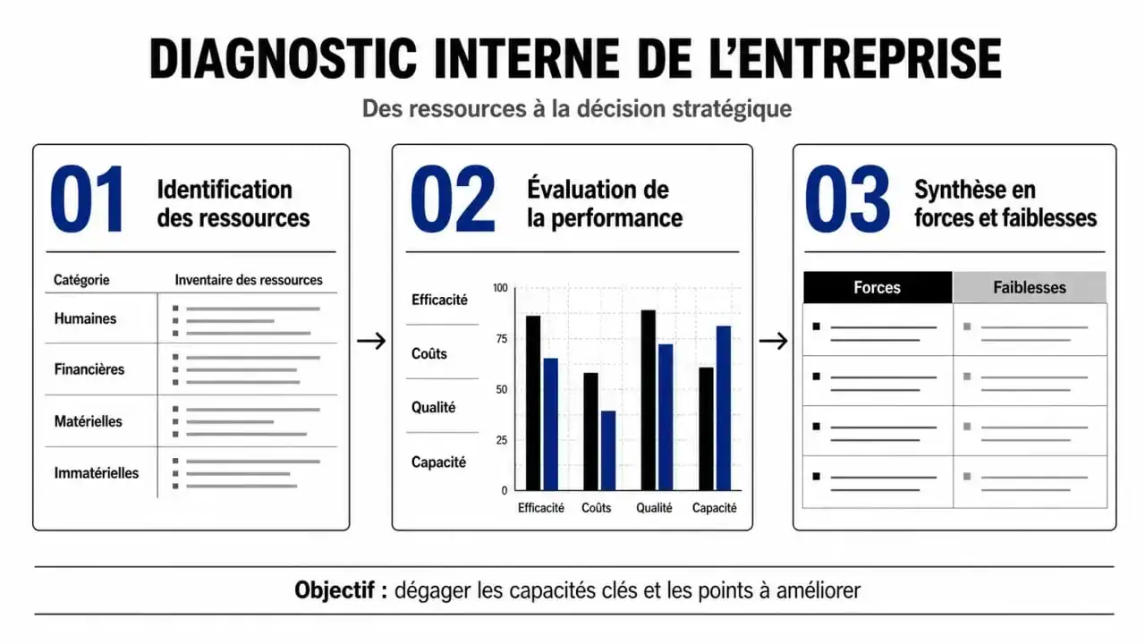 Schéma explicatif des étapes pour réaliser un exemple de diagnostic interne en entreprise
