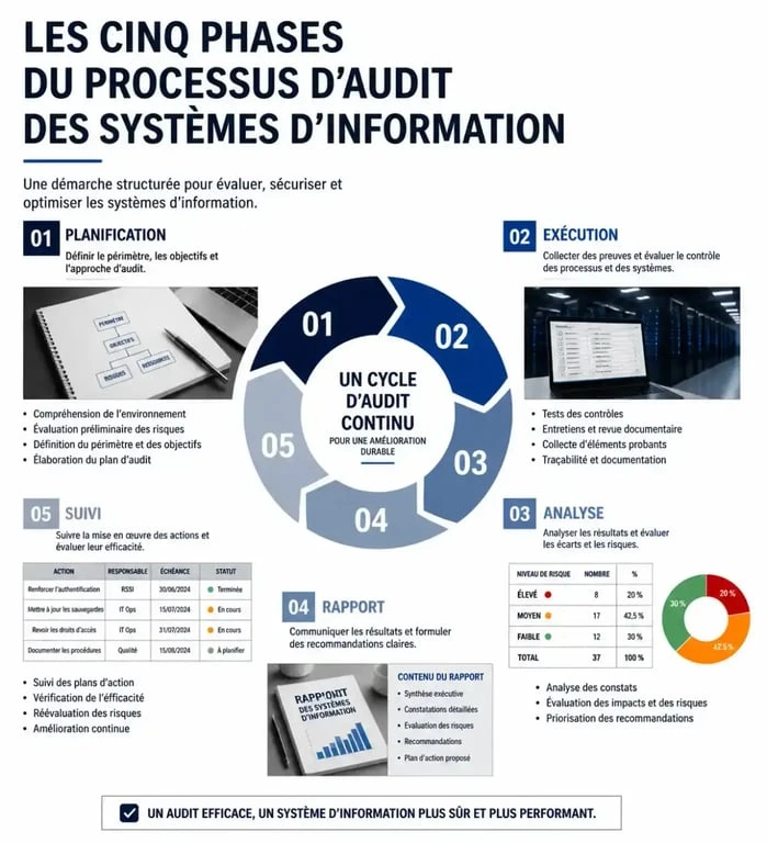 Infographie des étapes du processus d'audit des systèmes d'information pour une évaluation efficace de la maturité IT.