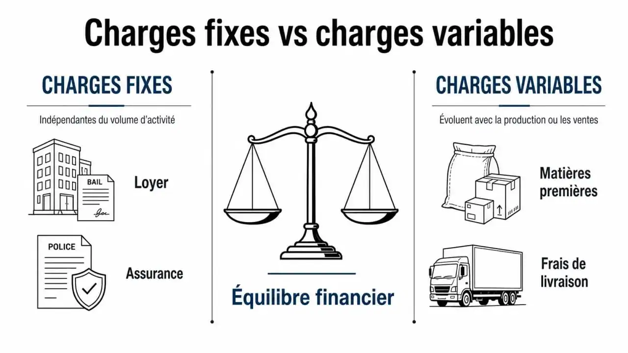 Infographie comparant les charges fixes et les charges variables pour comprendre les charges variables exemple