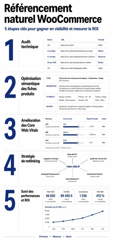 Infographie des étapes clés d'une agence SEO WooCommerce pour optimiser le référencement naturel d'une boutique en ligne
