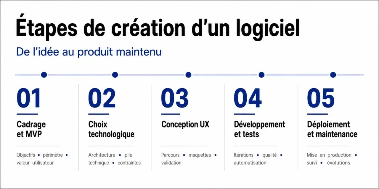 Schéma des étapes clés pour comment créer un logiciel professionnel