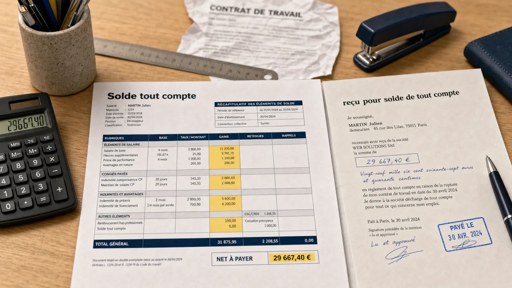 Feuille de calcul solde de tout compte : lignes à vérifier et calcul