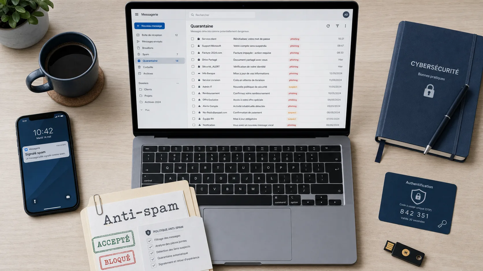 Filtre anti spam : quarantaine et liste blanche, blocage phishing