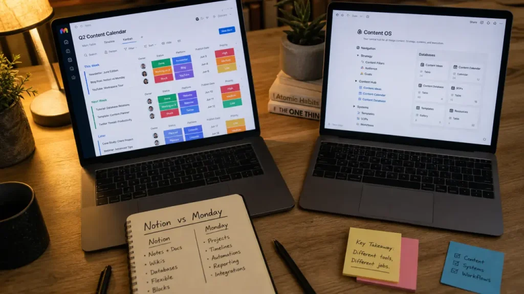 monday vs notion : comparaison workflows et documentation flexible