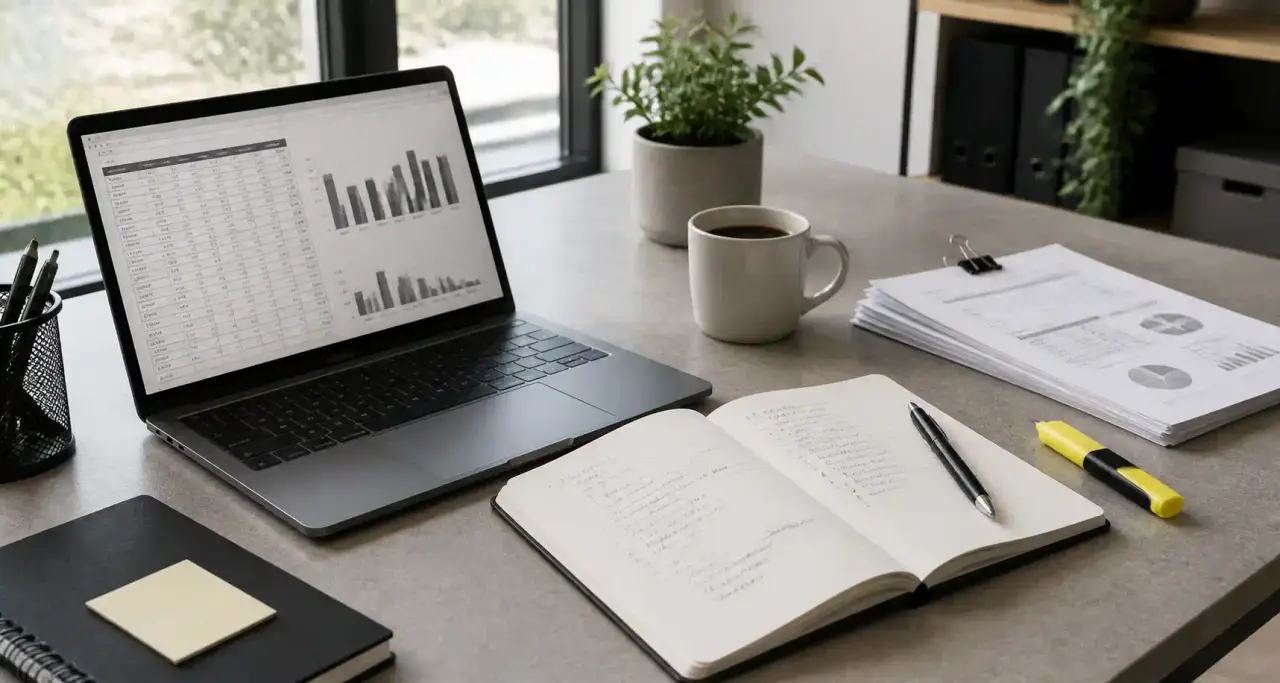 Bureau de dirigeant de TPE : ordinateur portable avec tableau de bord, carnet de notes et documents de gestion