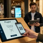 Phygitale définition : client scanne un QR en magasin avec borne tactile