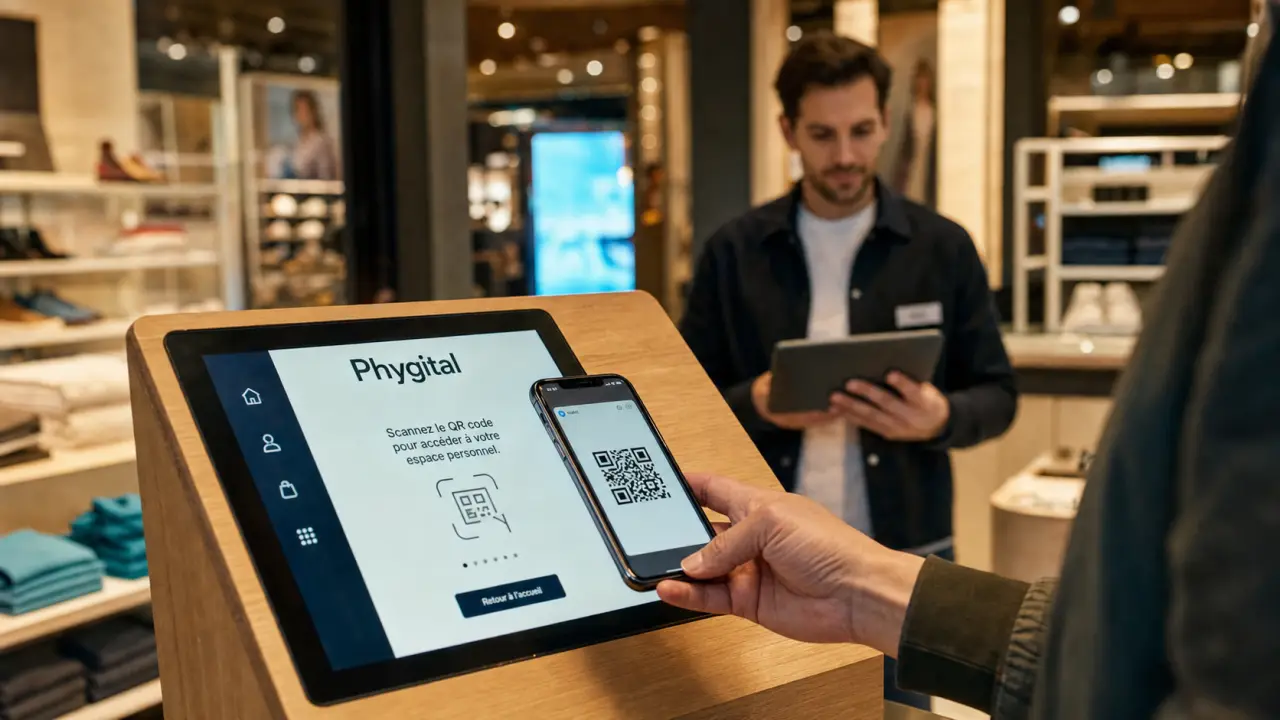 Phygitale définition : client scanne un QR en magasin avec borne tactile