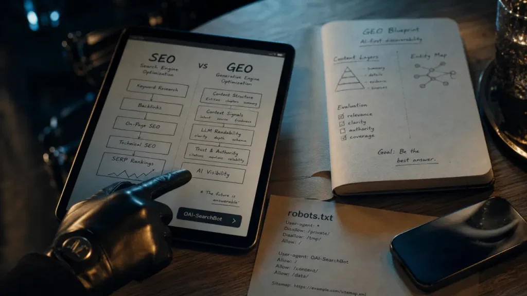 SEO ChatGPT : schéma SEO vs GEO sur bureau