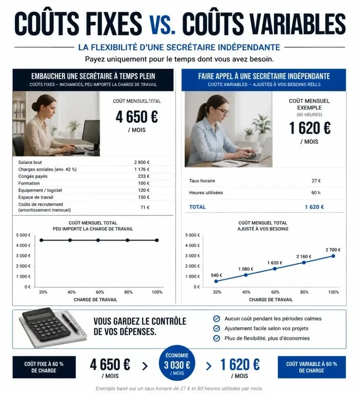 Graphique comparatif des coûts fixes et variables pour une entreprise avec une secrétaire freelance.