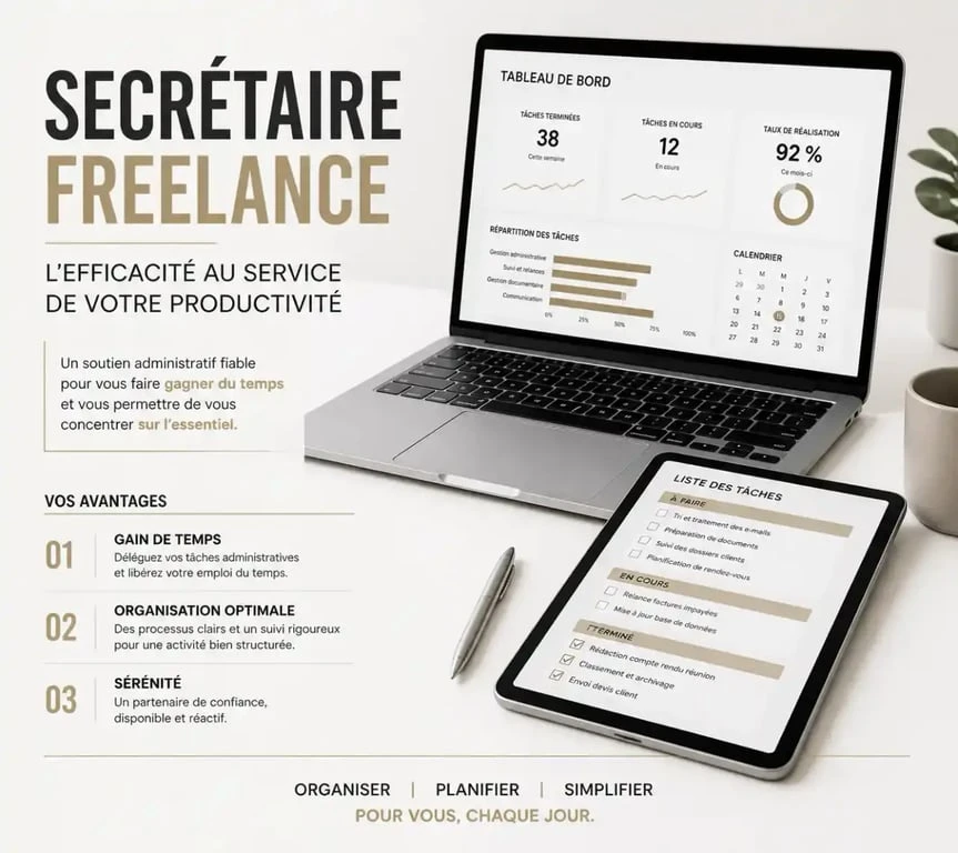 Espace de travail organisé pour une secrétaire freelance efficace.