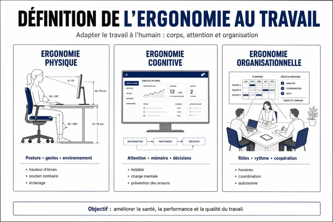Définition ergonomie au travail : schéma des dimensions physique, cognitive et organisationnelle