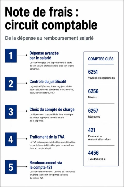 Infographie note de frais comptabilité : comptes 6251 6256 6257 421 4456 et traitement de la TVA