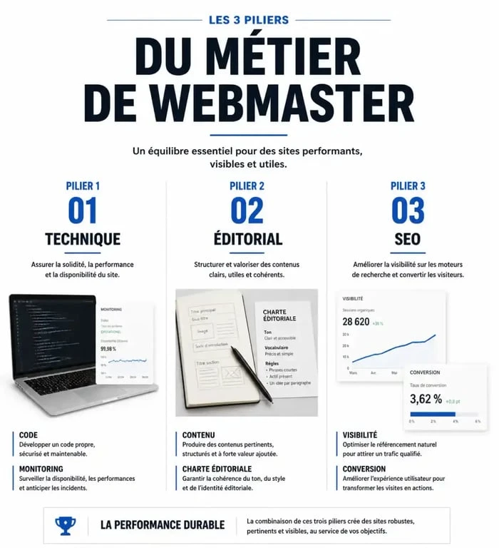 Infographie des compétences pour un emploi webmaster : technique, éditorial et SEO