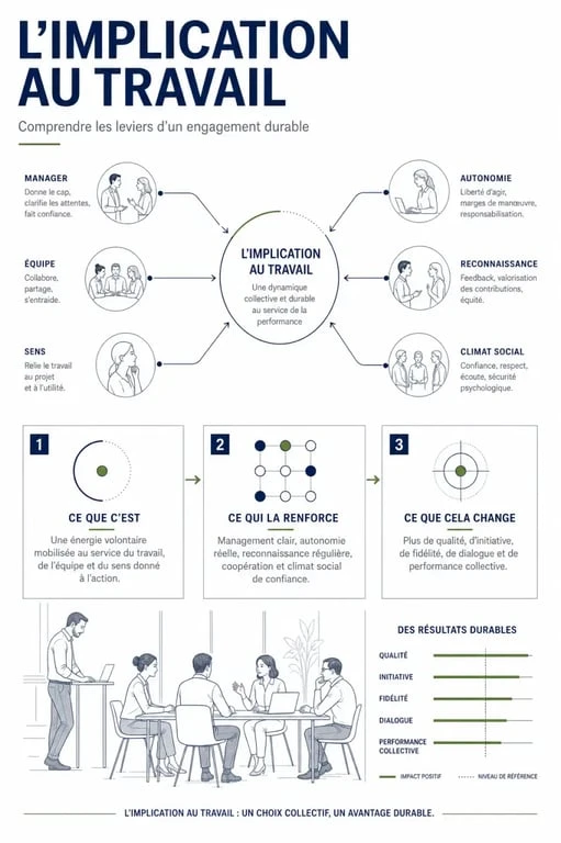 Infographie sur l’implication au travail : définition, facteurs et conséquences en entreprise