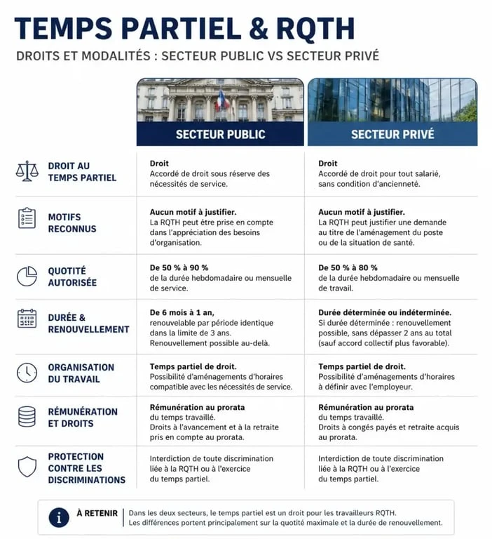 Infographie comparative des droits au temps partiel avec RQTH dans le secteur public et privé
