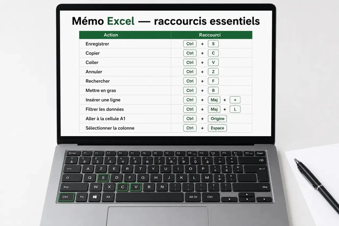 Raccourci clavier Excel : mémo visuel des raccourcis essentiels sur ordinateur portable