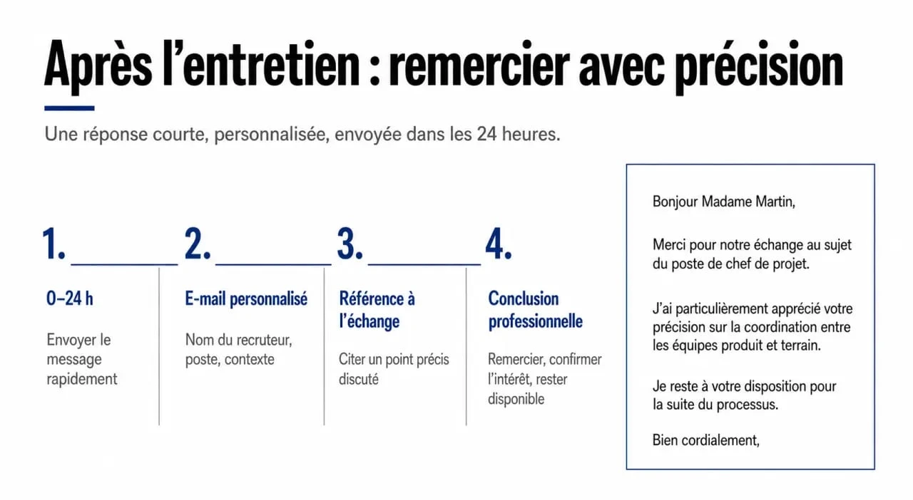 Remerciement après entretien : visuel chronologique sur le bon timing et la structure du message