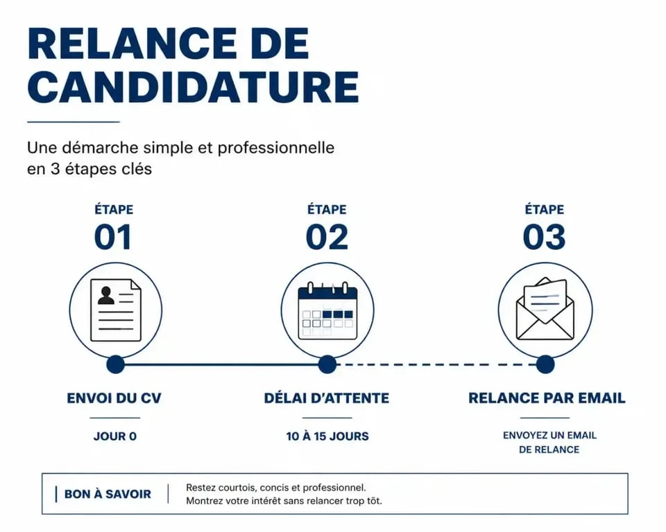 Infographie sur le timing idéal pour une relance mail candidature après l'envoi d'un CV