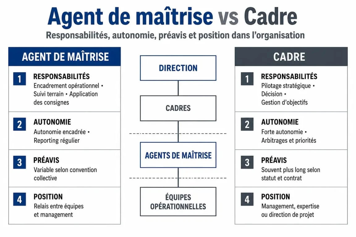 Agent de maîtrise cadre ou non cadre : comparaison visuelle des statuts et de leurs impacts